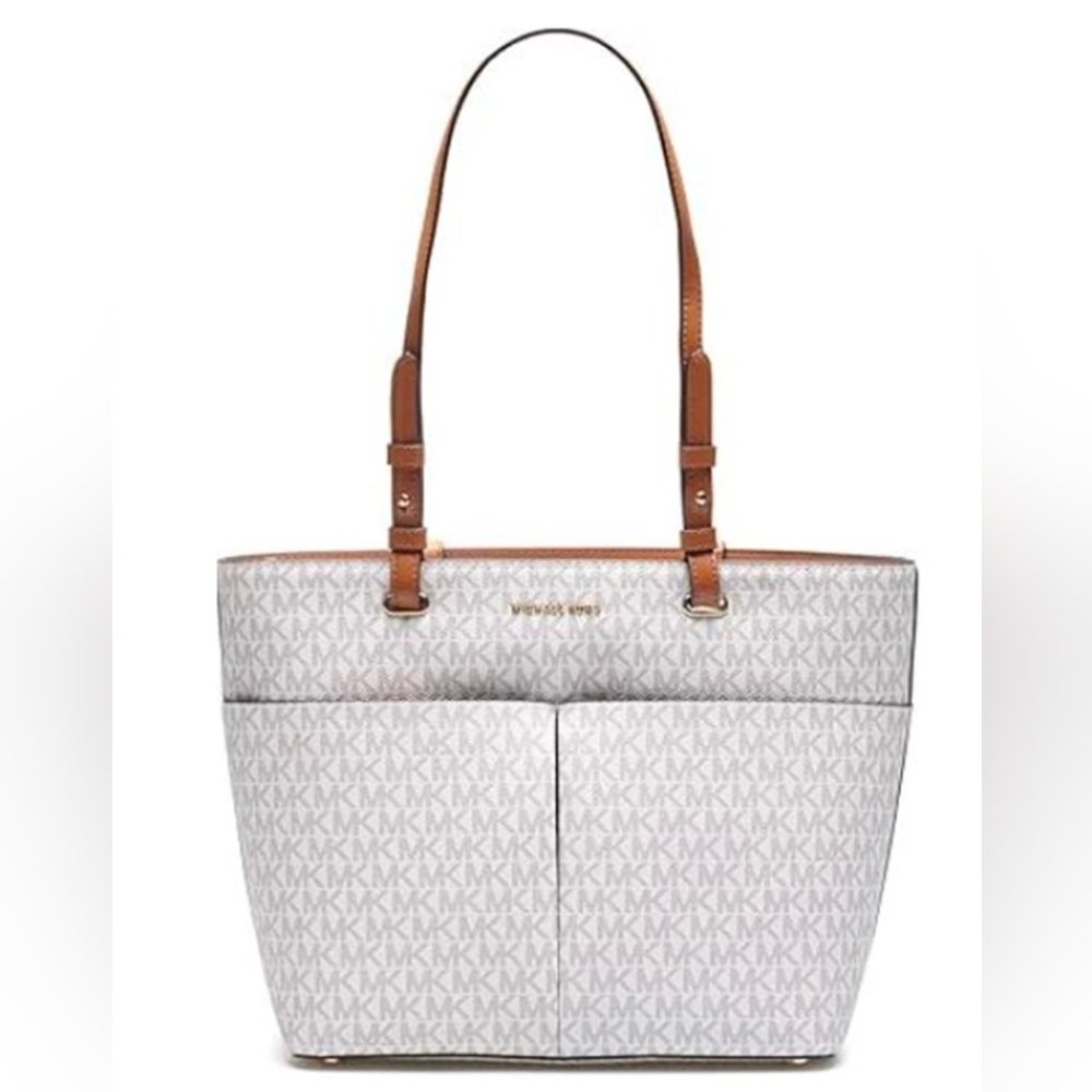 Michael Kors White Tan Medium Bedford Zip Top Pocket MK Tote